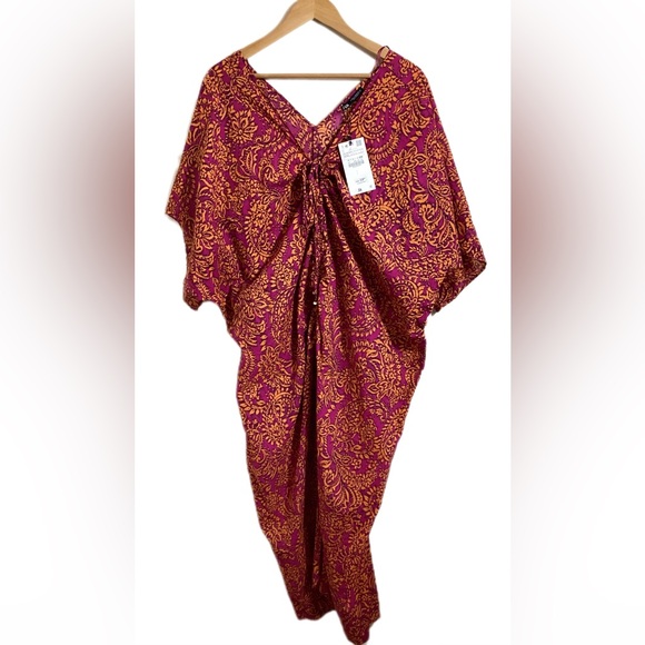 Zara Other - Zara Gathered Cotton Kaftan XXL Pink Orange Tropical Resortwear Beach Deep V